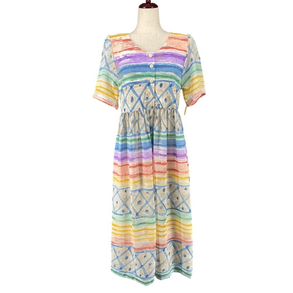 Vtg 80s 90s Two Potato Artsy A Line Midi Dress M Petite Sheer NOS‎ Beachy Retro